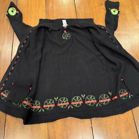 Vintage Christmas Wreath Zip Sweater Plaid Ribbon Applique Beaded Sz Lrg Black - Picture 6 of 12
